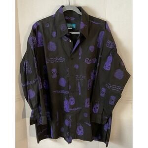 GLOBAL KIWIS Mens Black Purple Tribal Tiki Print Long Sleeve Button Up Shirt L